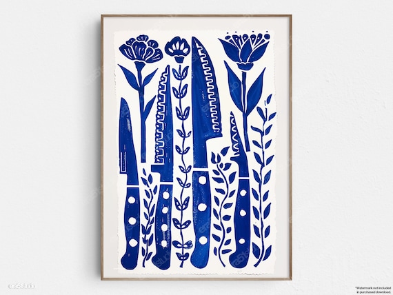 Blue Kitchen Knives Floral Block Style Poster For Kitchen Decor