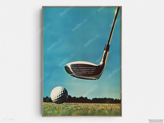 Golf Club Over Teed Ball Blue Sky Vintage Midcentury Golf Art Print