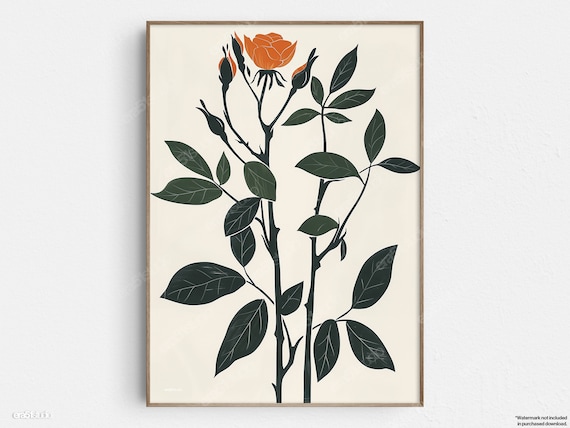 Bold Rose Botanical Wall Print Original Midcentury Modern Minimalist Art