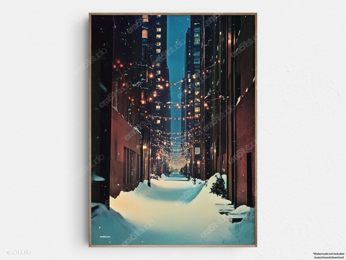Holiday Lights Winter Alley, Mid-Century Modern Art Print