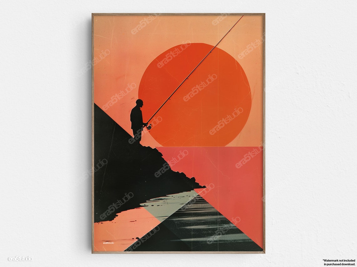 Sunset Fisherman Silhouette Big Orange Sun Midcentury Poster Art