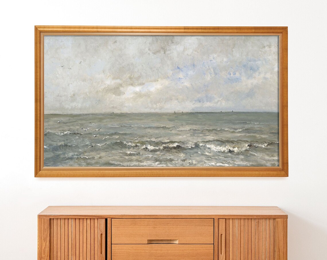 Grey Green Ocean Waves Seagulls Vintage Seascape Oil Painting Print - Image 2