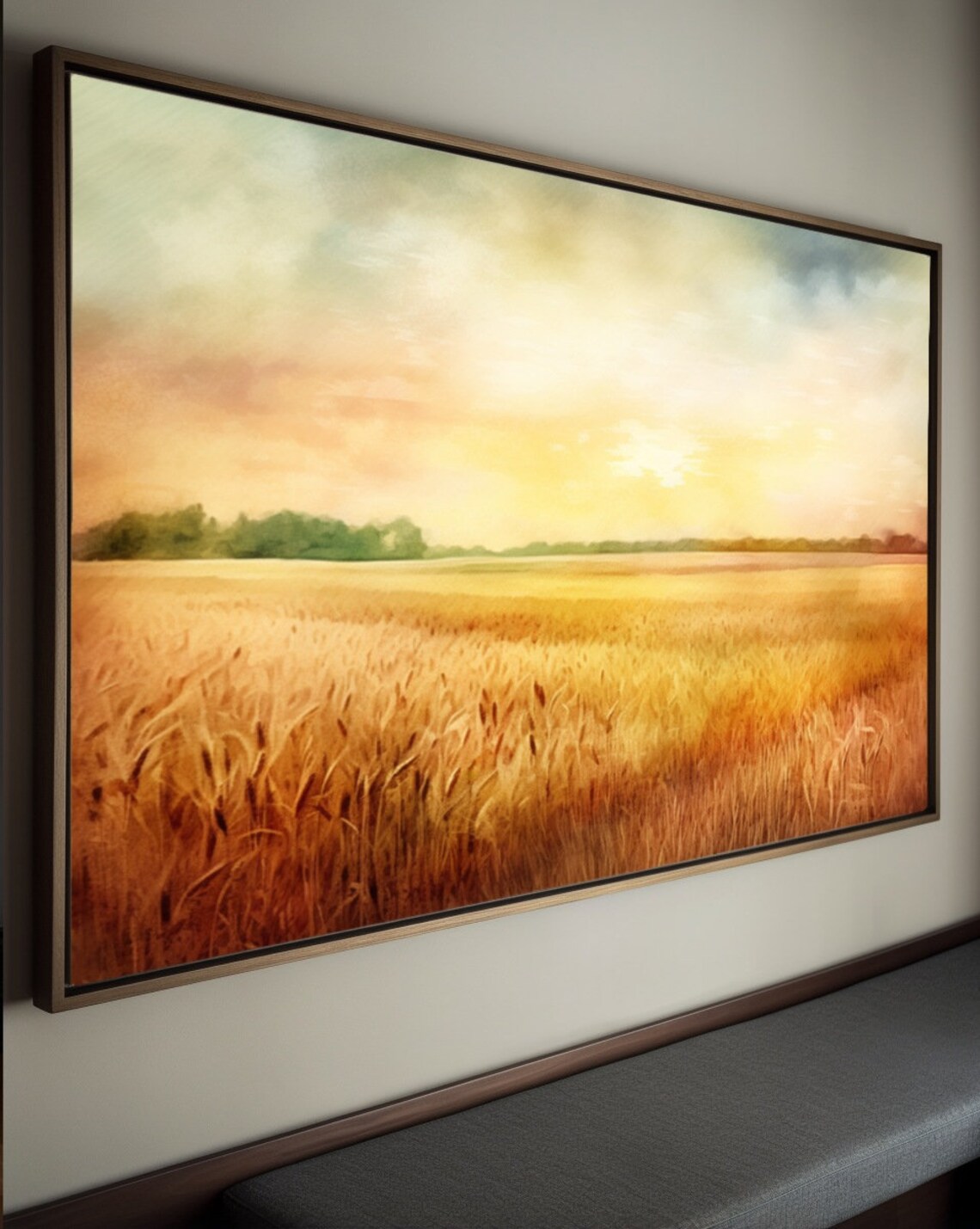 Golden Wheat Field at Sunset Watercolor Farm Landscape Poster - Image 3