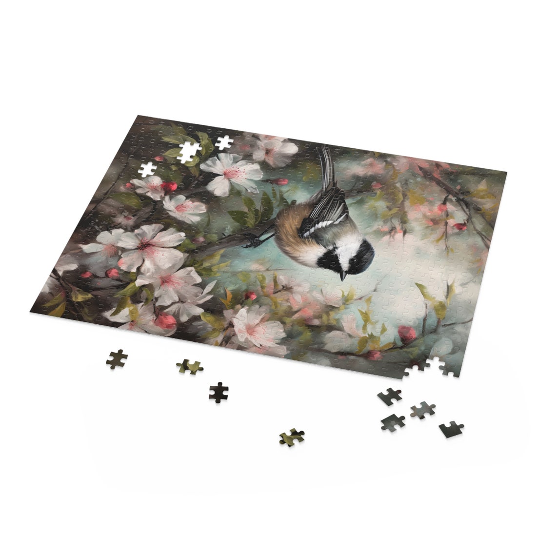 Chickadee Among White Spring Blossoms Dark Botanical Wildlife Poster - Image 3