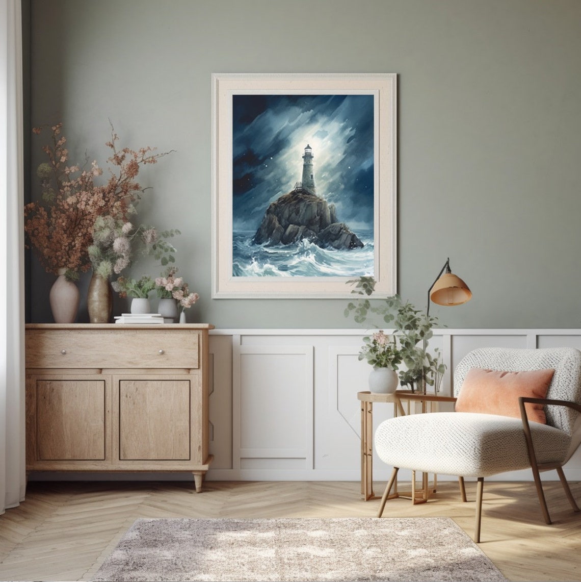 Stone Lighthouse on a Rocky Island in a Stormy Night Sea Poster - Image 2