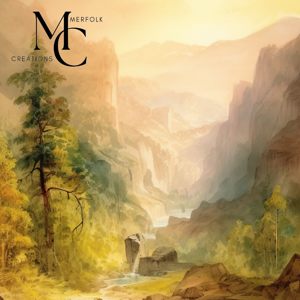 Sunlit Canyon Gorge with Pine Trees and a Stream Watercolor Poster - Image 3
