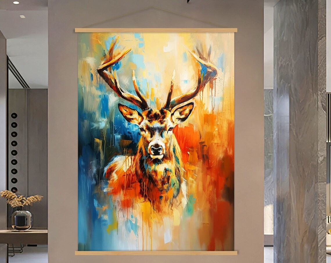 Vibrant Abstract Stag Poster with Orange Blue Brushstrokes and Antlers - Image 2