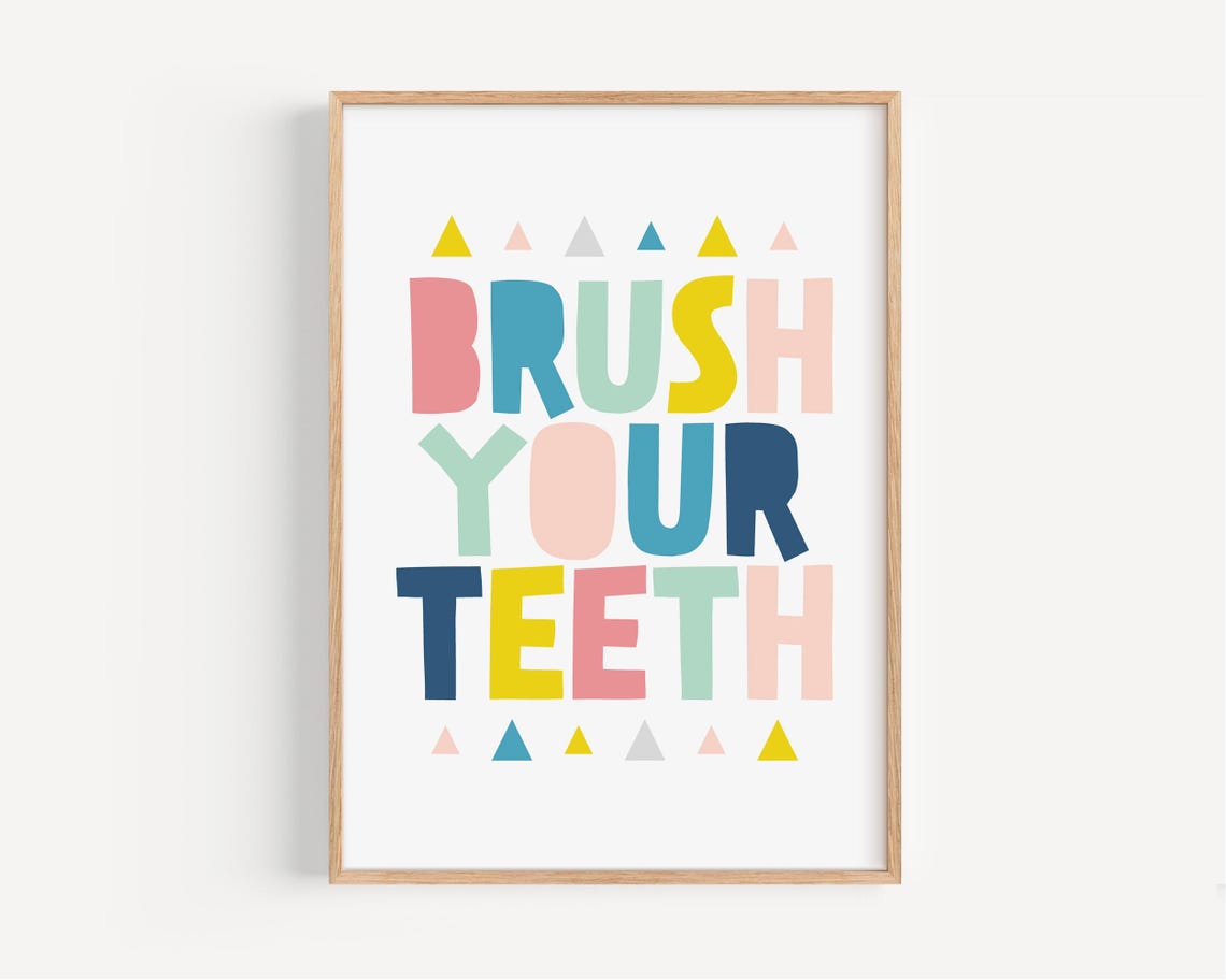 Brush Your Teeth Colorful Kids Bathroom Reminder Sign Wall Art