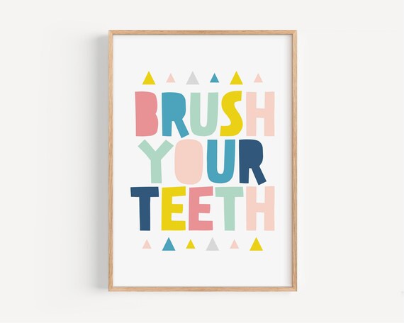 Kids Bathroom Printable Art Brush Your Teeth Sign Colorful Wall Art For Children Bathroom Cute Bathroom Reminder
