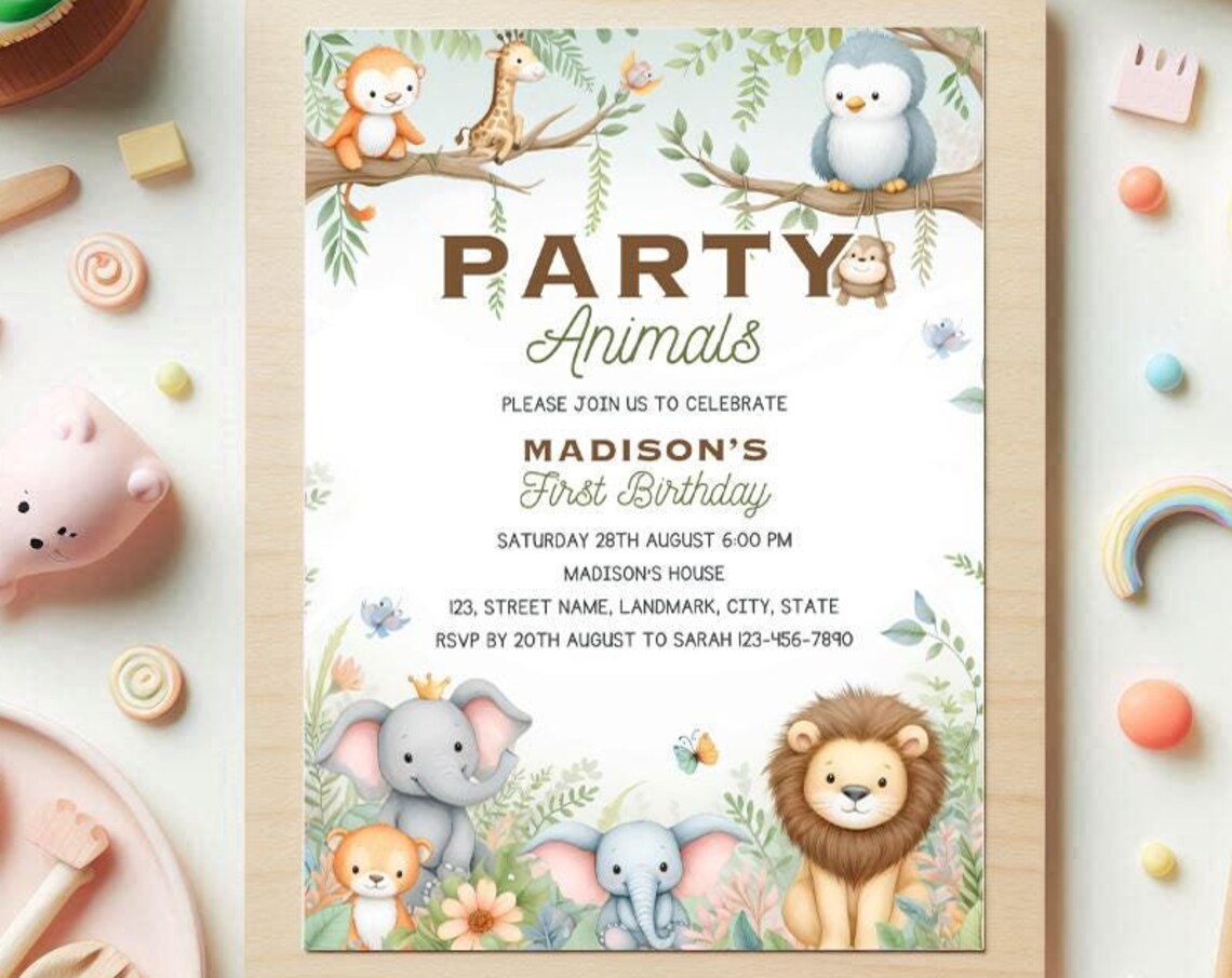 Party Animals Madison First Birthday Safari Invitation Print