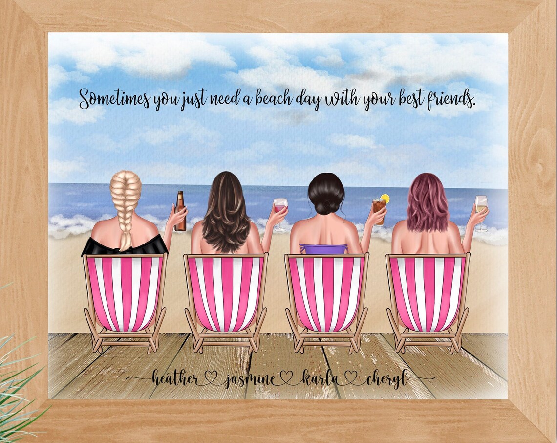Personalized Four Friends Beach Day Portrait Besties Gift Poster