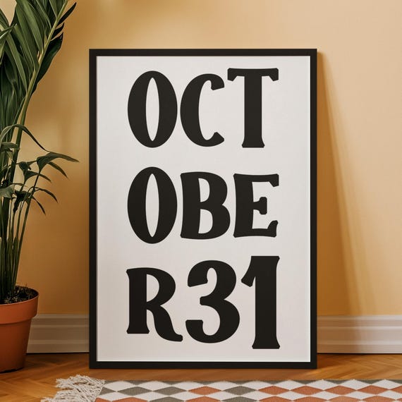 Framed October 31 Halloween Wall Poster Minimal Black And White Spooky Holiday Date Print Physical Home Decor