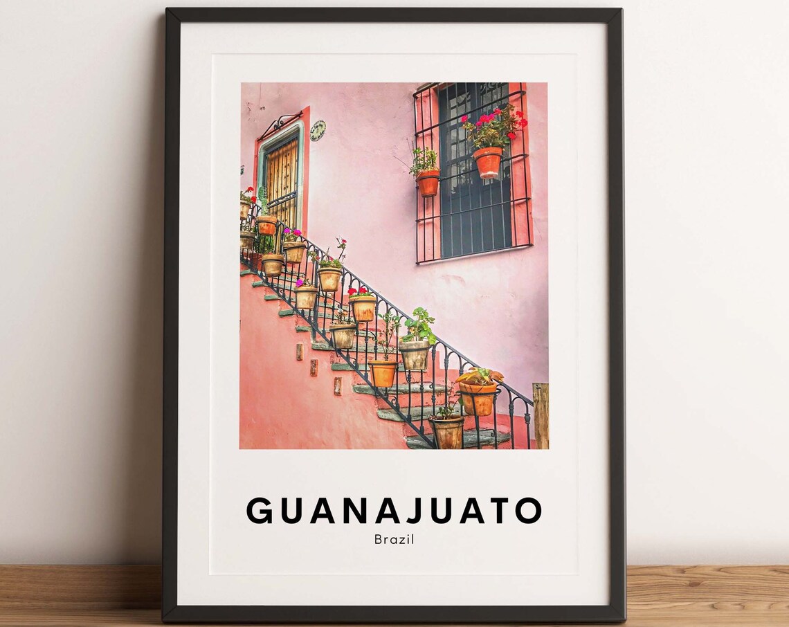 Guanajuato Colorful Pink Staircase Flower Pots Travel Poster