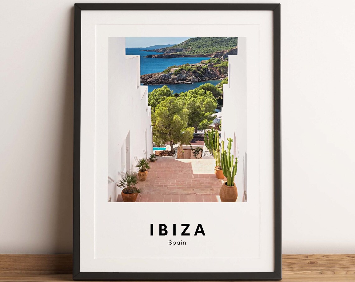 Ibiza Spain Travel Poster of Whitewashed Coastal Alley with Cacti