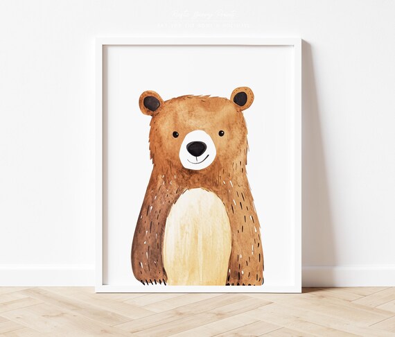 Cute Smiling Bear Cub Watercolor Minimalist Nursery Woodland Animal Poster