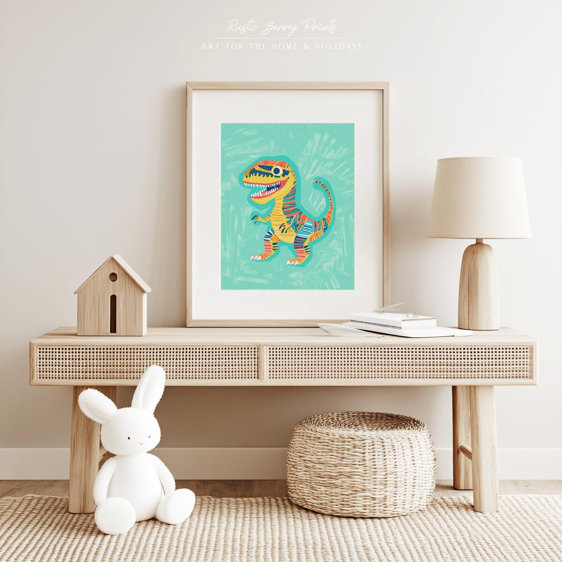 Colorful Cartoon T Rex Dinosaur Turquoise Kids Room Art Print