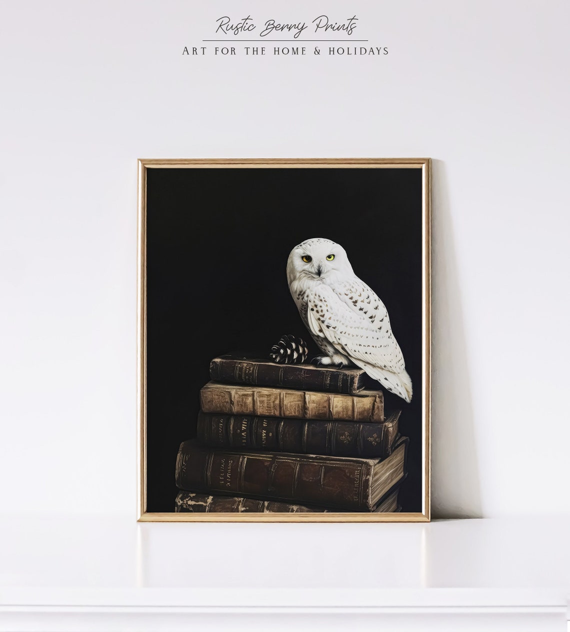 Snowy White Owl Perched On Stack Of Antique Leather Books Dark Print