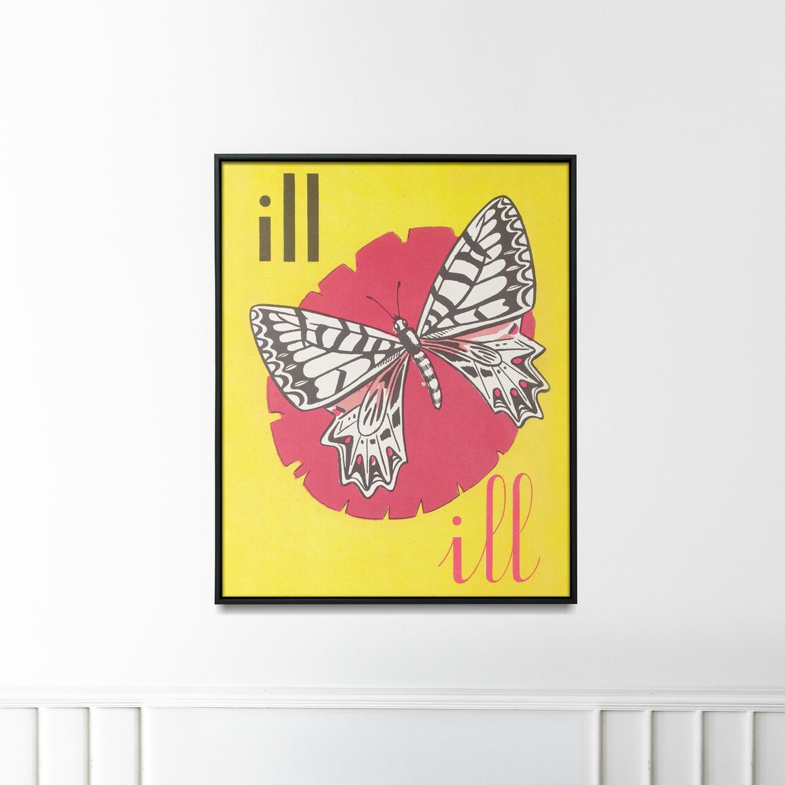 Yellow Butterfly Graphic Illustration With Red Circle Retro Wall Art - Image 2