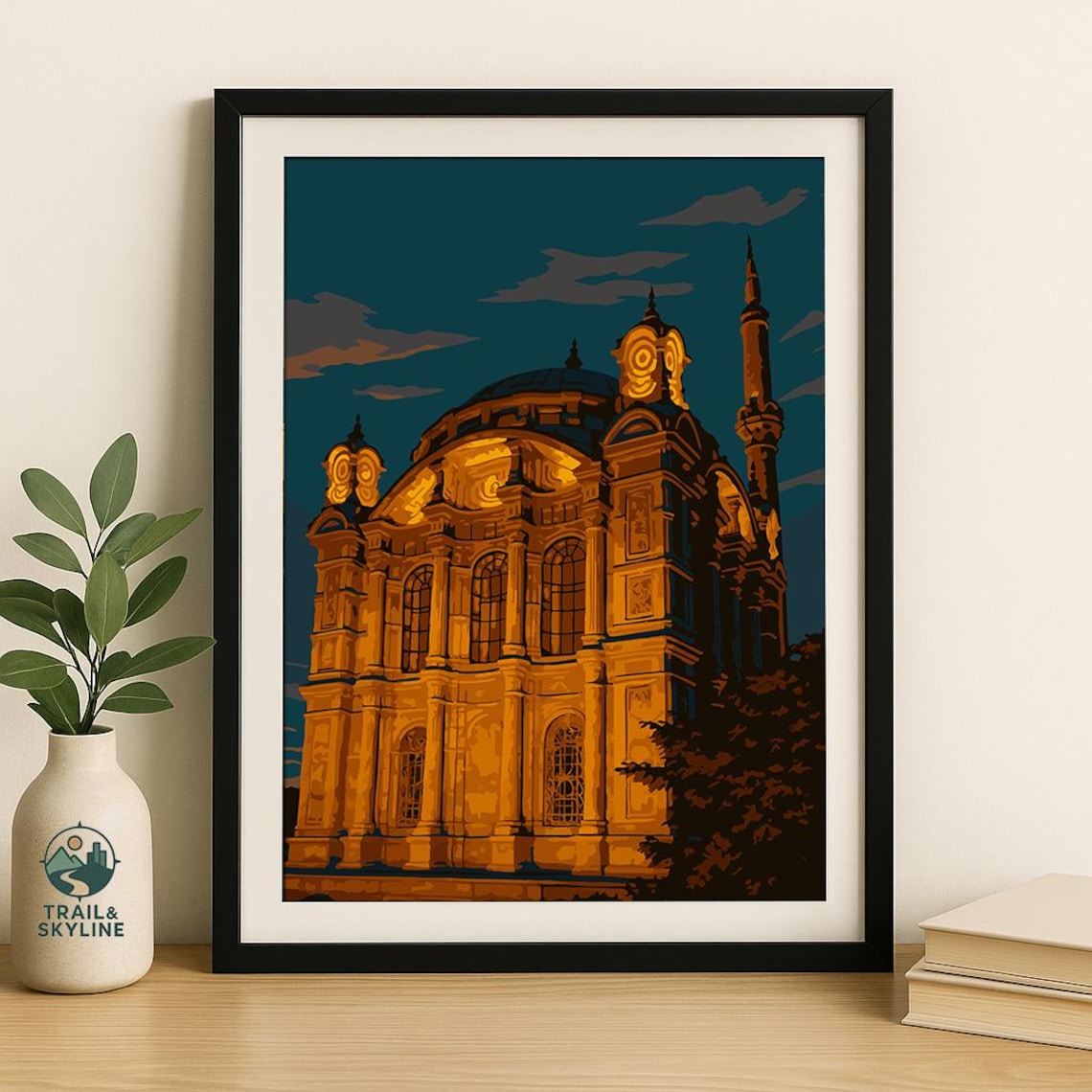 Ortakoy Mosque Istanbul Night Illuminated Landmark Turkish Travel Poster