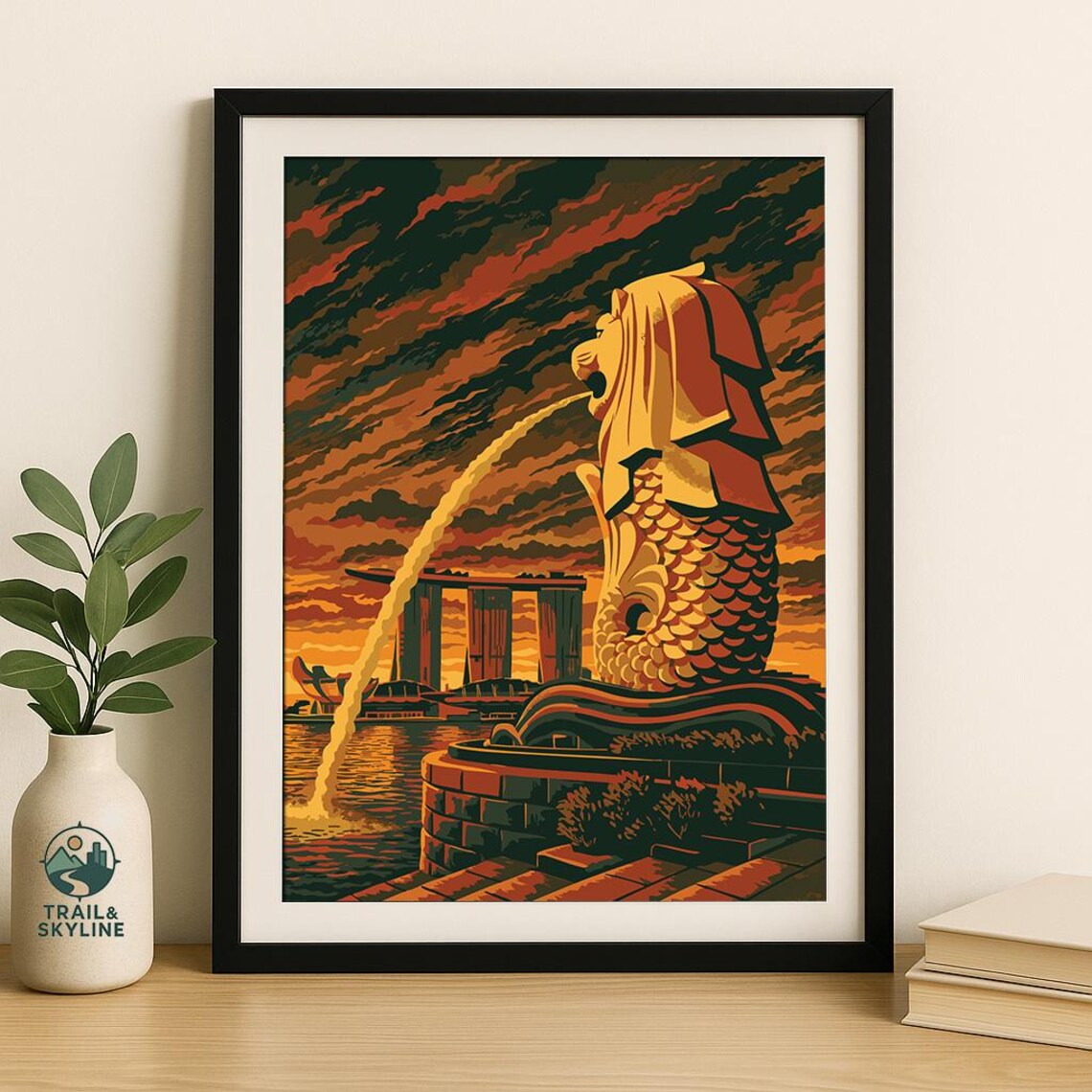 Singapore Merlion Marina Bay Sands Sunset Vintage Travel Poster