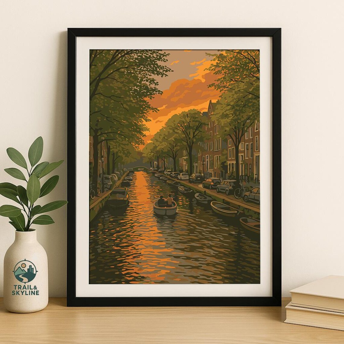 Amsterdam Canal Sunset Boats Venice Of The North Dutch Travel Poster