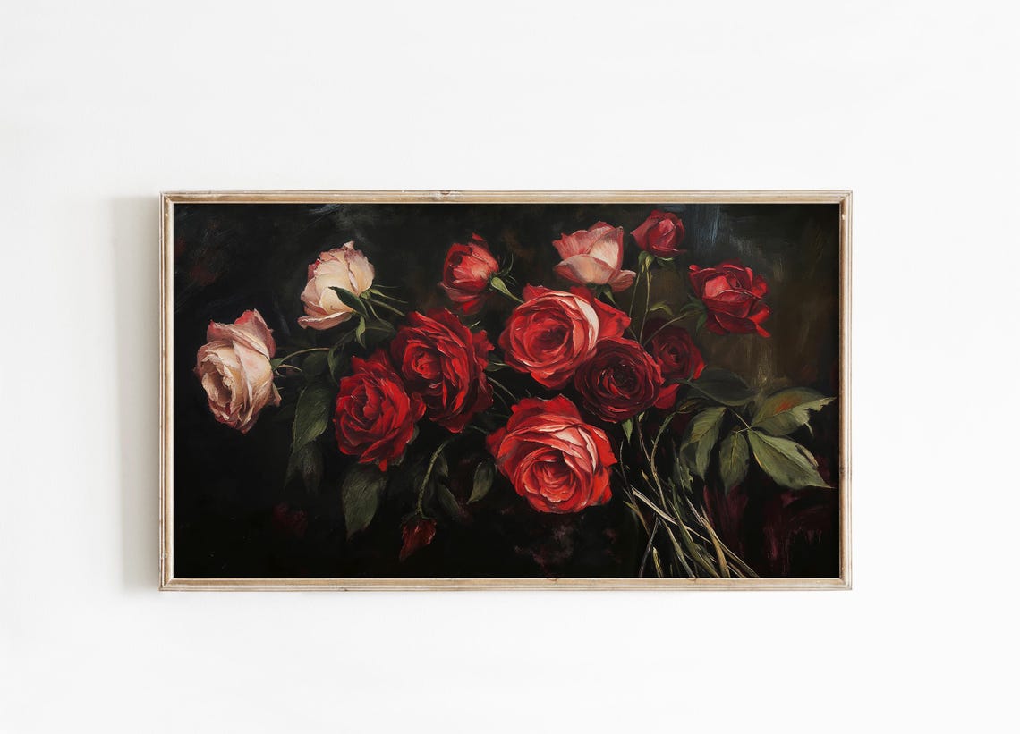 Romantic Red Pink Roses Dark Moody Vintage Floral Still Life Print - Image 3