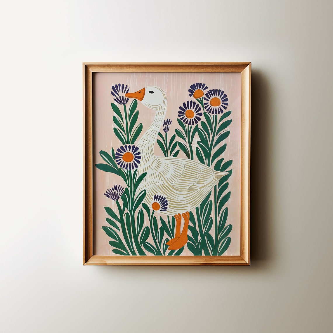Whimsical Goose Folk Art Flowers Cottagecore Nursery Wall Poster