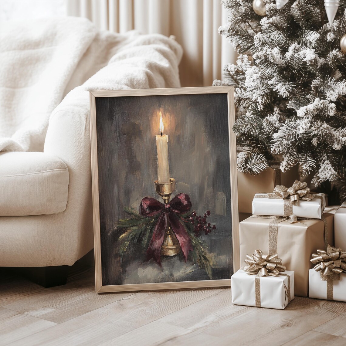 Vintage Christmas Candle Art Print, Rustic Holiday Decor