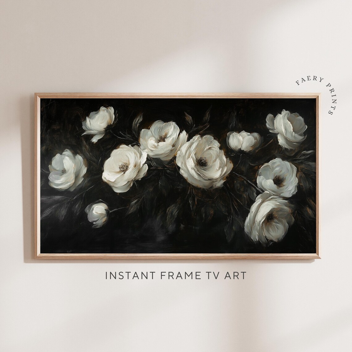 Dark Floral Frame TV Art, Black White Roses