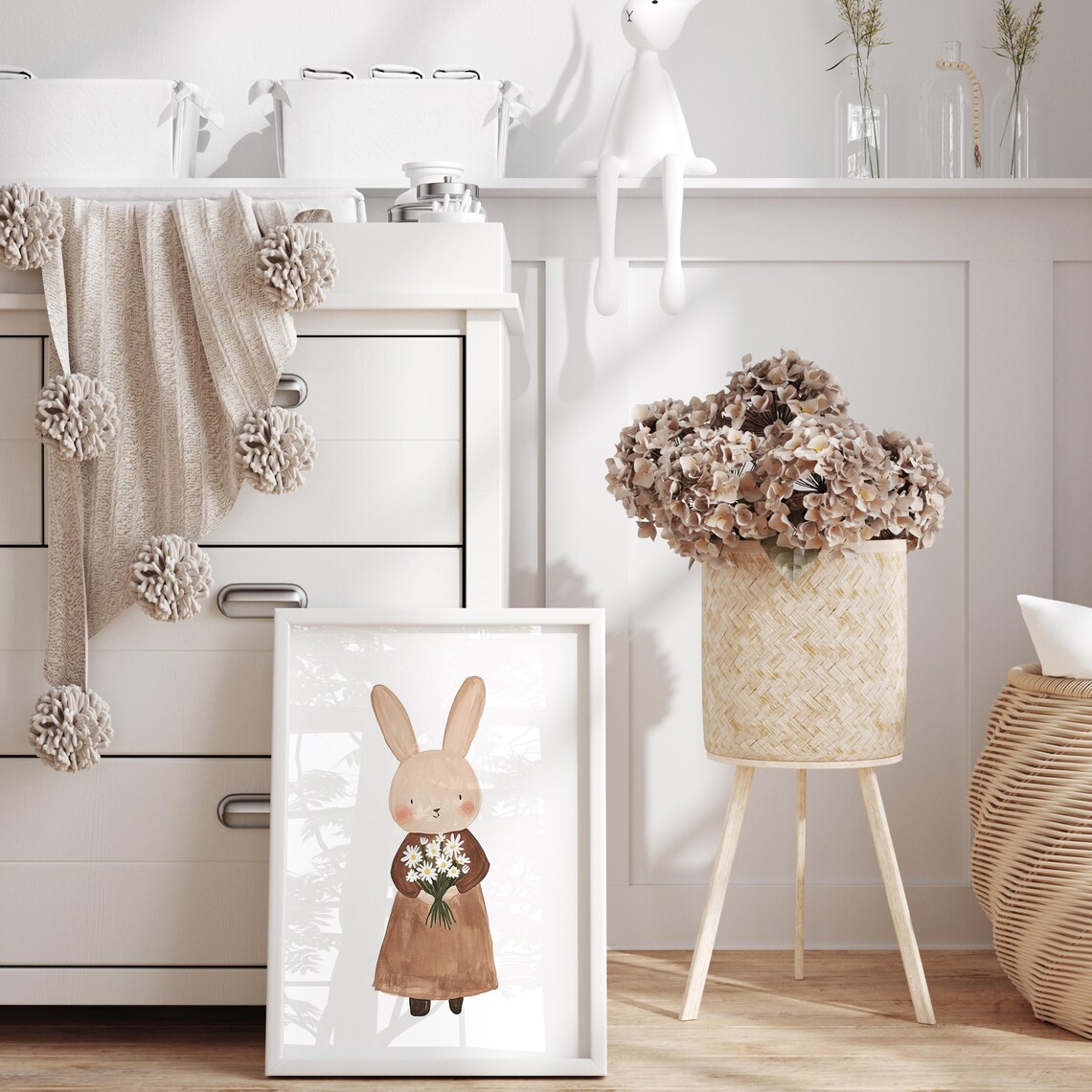Cute Beige Bunny Girl With Daisies in Oval Frame Nursery Art Poster - Image 4
