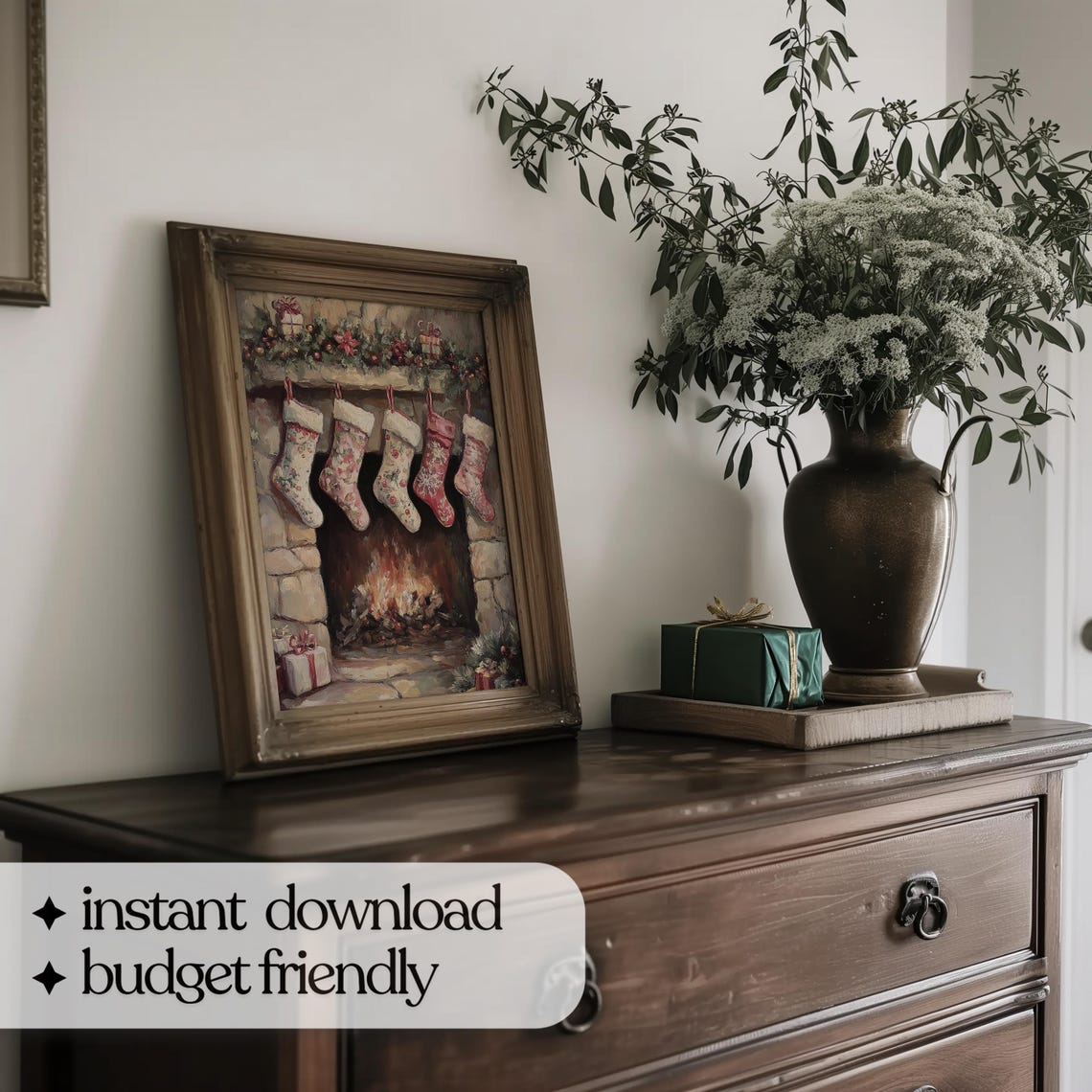 Five Patterned Christmas Stockings on Festive Fireplace Mantel Poster - Image 5