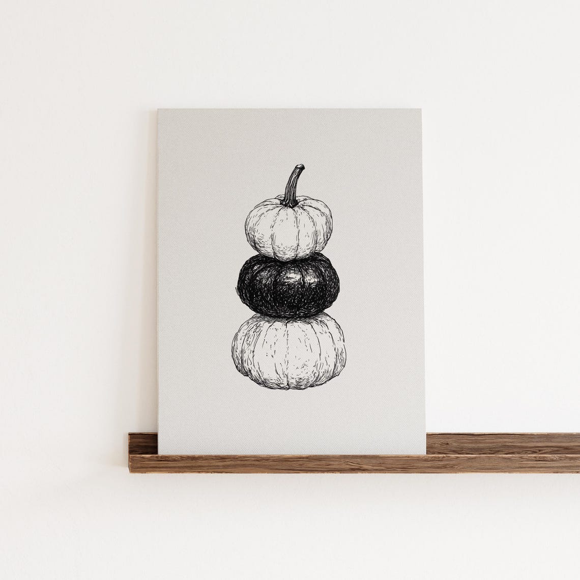 Three Stacked Pumpkins Black Ink Sketch Autumn Harvest Print