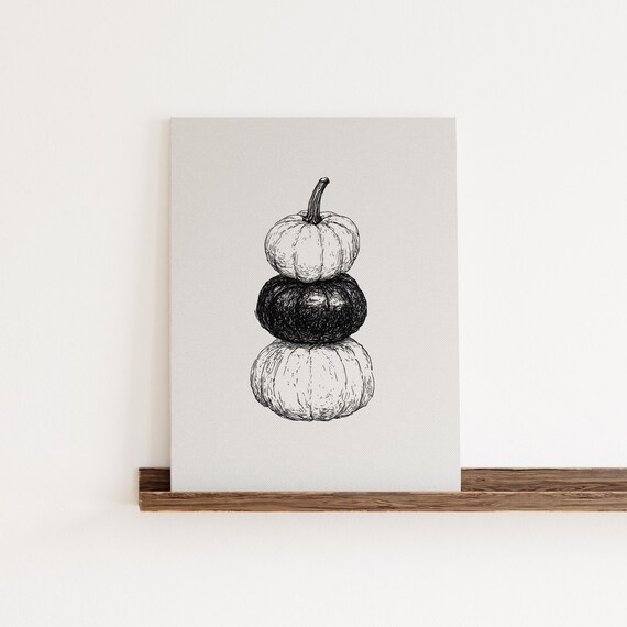 Three Stacked Pumpkins Black Ink Sketch Autumn Harvest Print