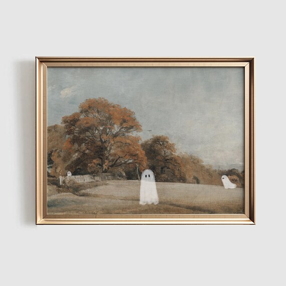 Cute White Ghosts Autumn Landscape Whimsical Halloween Art Poster