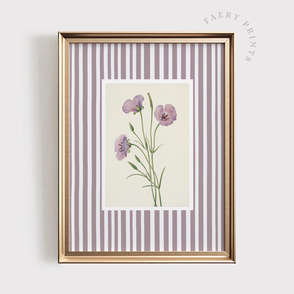 Lilac Floral Print, Vintage Purple Stripe Art Print