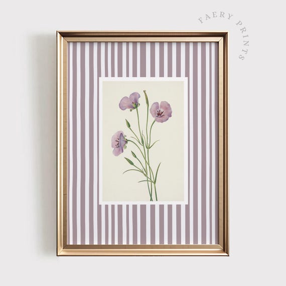 Lilac Floral Print, Vintage Purple Stripe Art Print