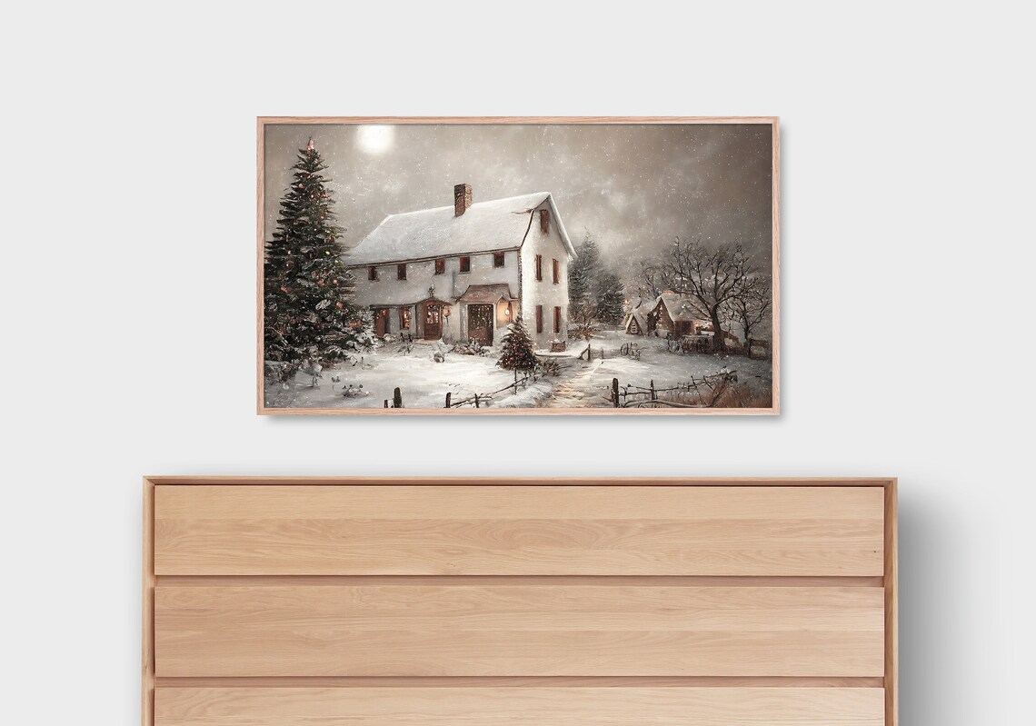 Farmhouse Christmas Art Print, Vintage Holiday Scene - Image 3