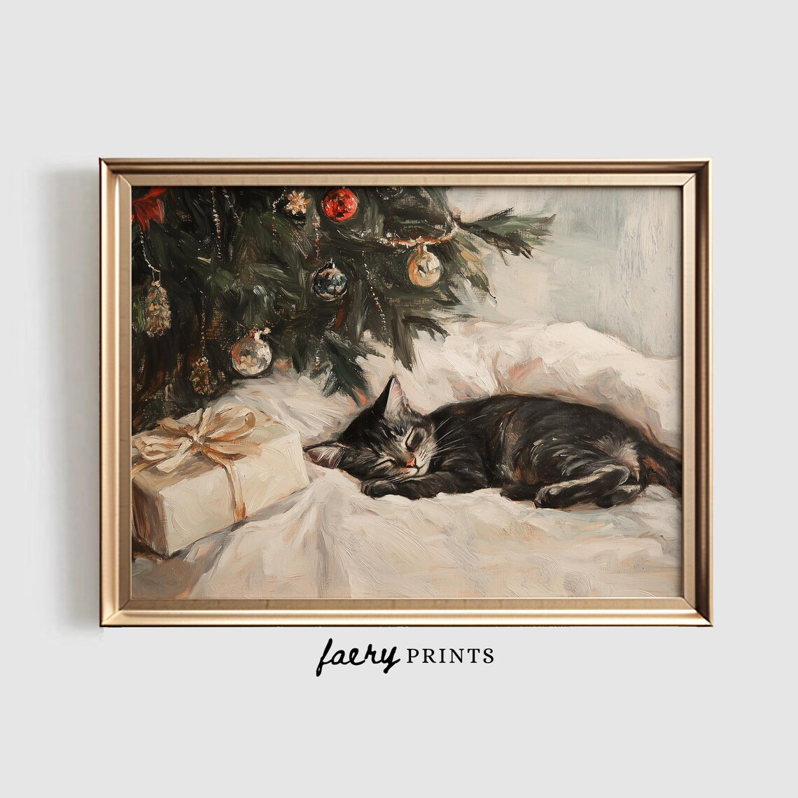 Sleeping Cat Christmas Print, Winter Wall Art