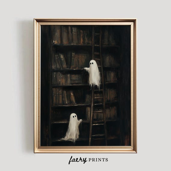 Ghost Library Halloween Art Print, Cute Book Decor