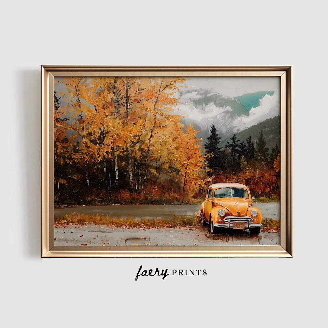 Orange Vintage Car in Autumn Forest Landscape Oil Painting Poster