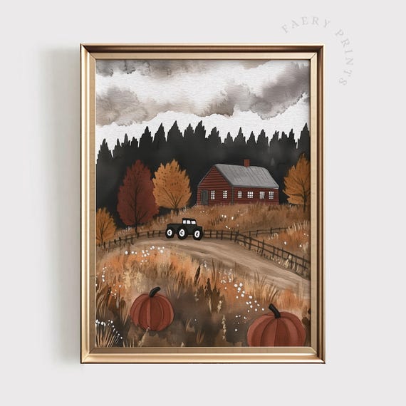 Vintage Tractor Fall Art Red Barn With Pumpkins Wall Rustic Farm Landscape Print Halloween Farmhouse Decor 1460