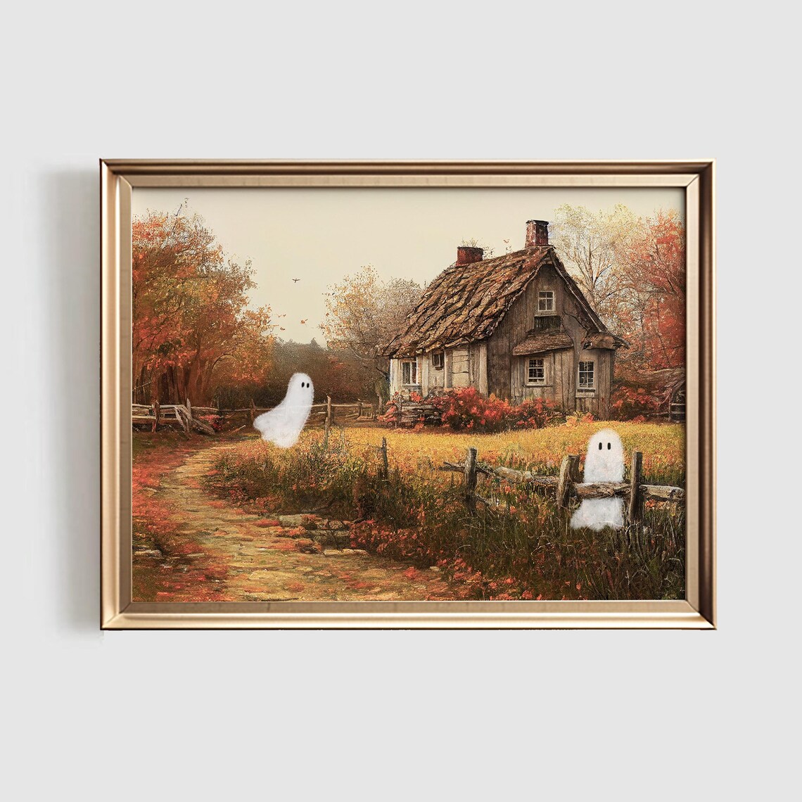 Little Ghosts Vintage Halloween Autumn Landscape Art Print