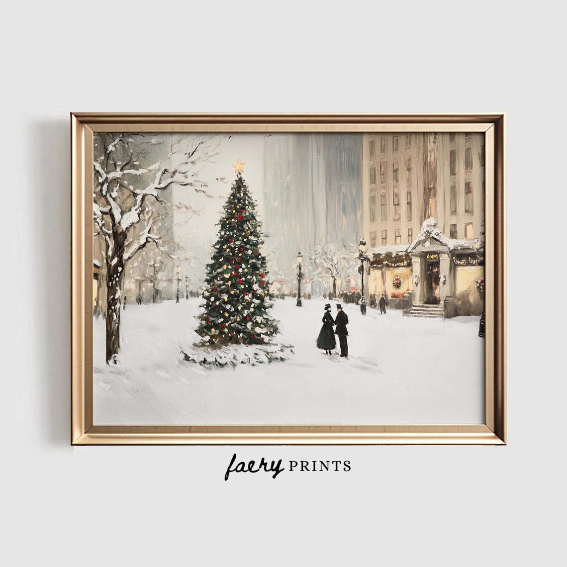 Snowy City Christmas Tree Plaza Vintage Winter Scene Art Poster