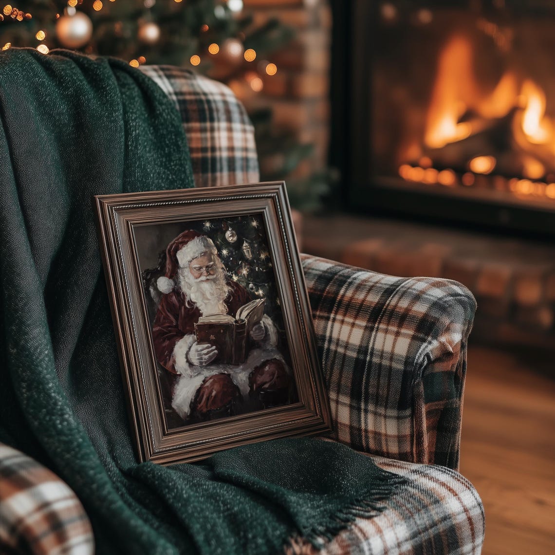 Vintage Santa Claus Reading by Christmas Tree Holiday Scene Poster - Image 4