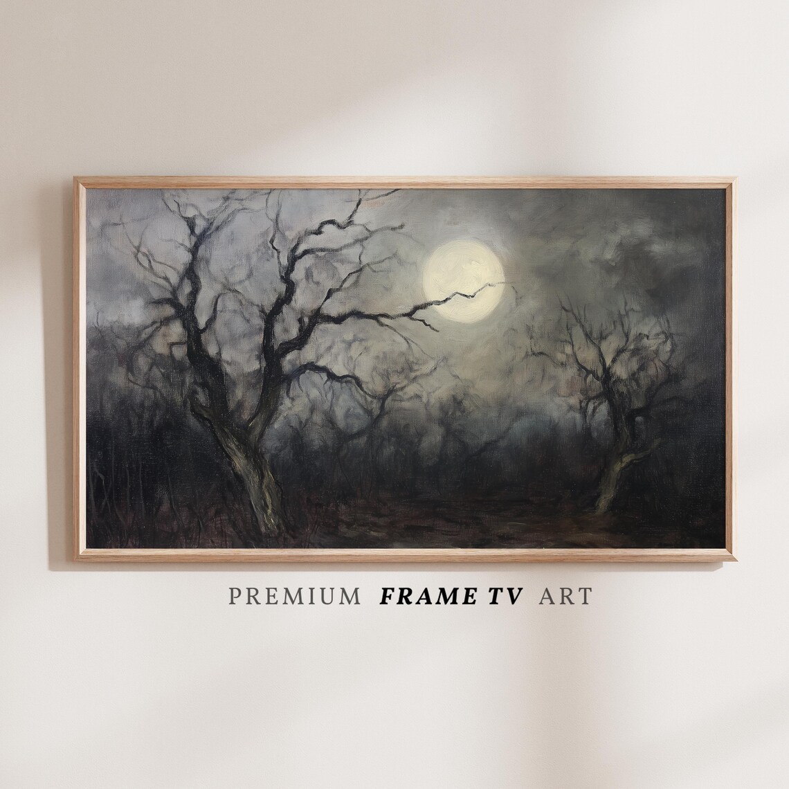 Full Moon Spooky Bare Trees Dark Misty Forest Halloween Painting Poster - Image 3