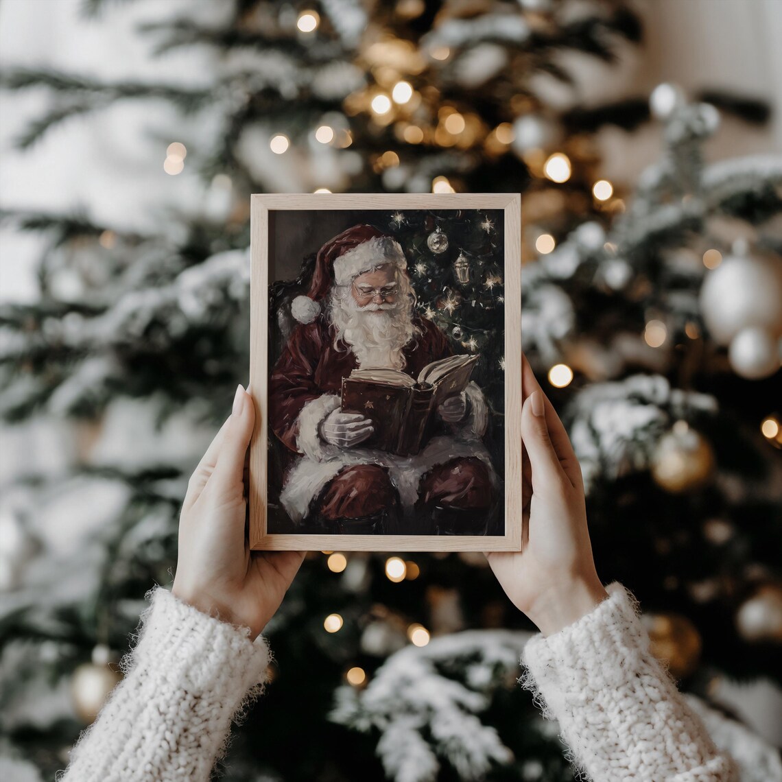 Vintage Santa Claus Reading by Christmas Tree Holiday Scene Poster - Image 2