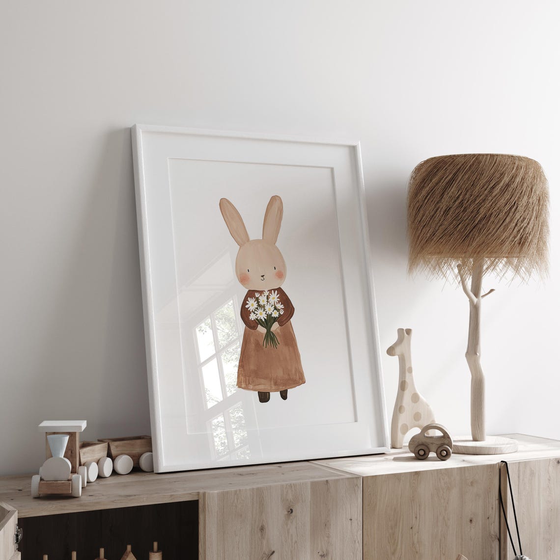 Cute Beige Bunny Girl With Daisies in Oval Frame Nursery Art Poster - Image 2