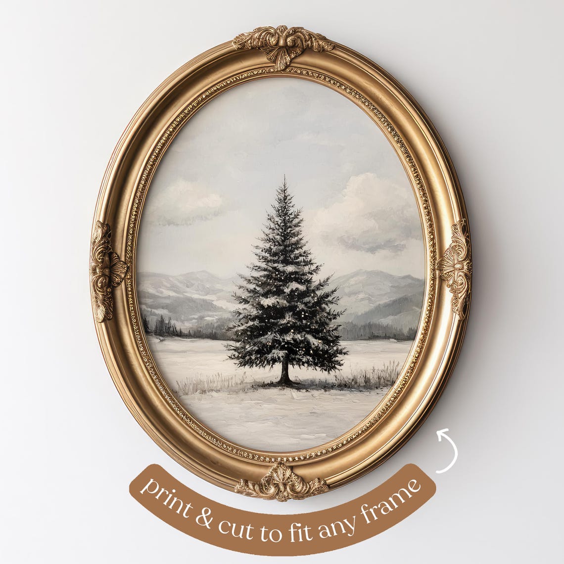 Lone Snowy Evergreen Tree Winter Field Minimalist Holiday Poster - Image 2