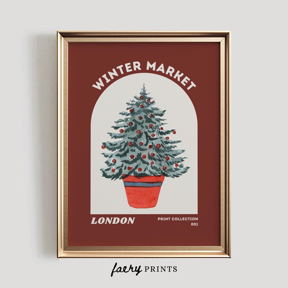 Winter Market London Potted Christmas Tree Watercolor Art Poster