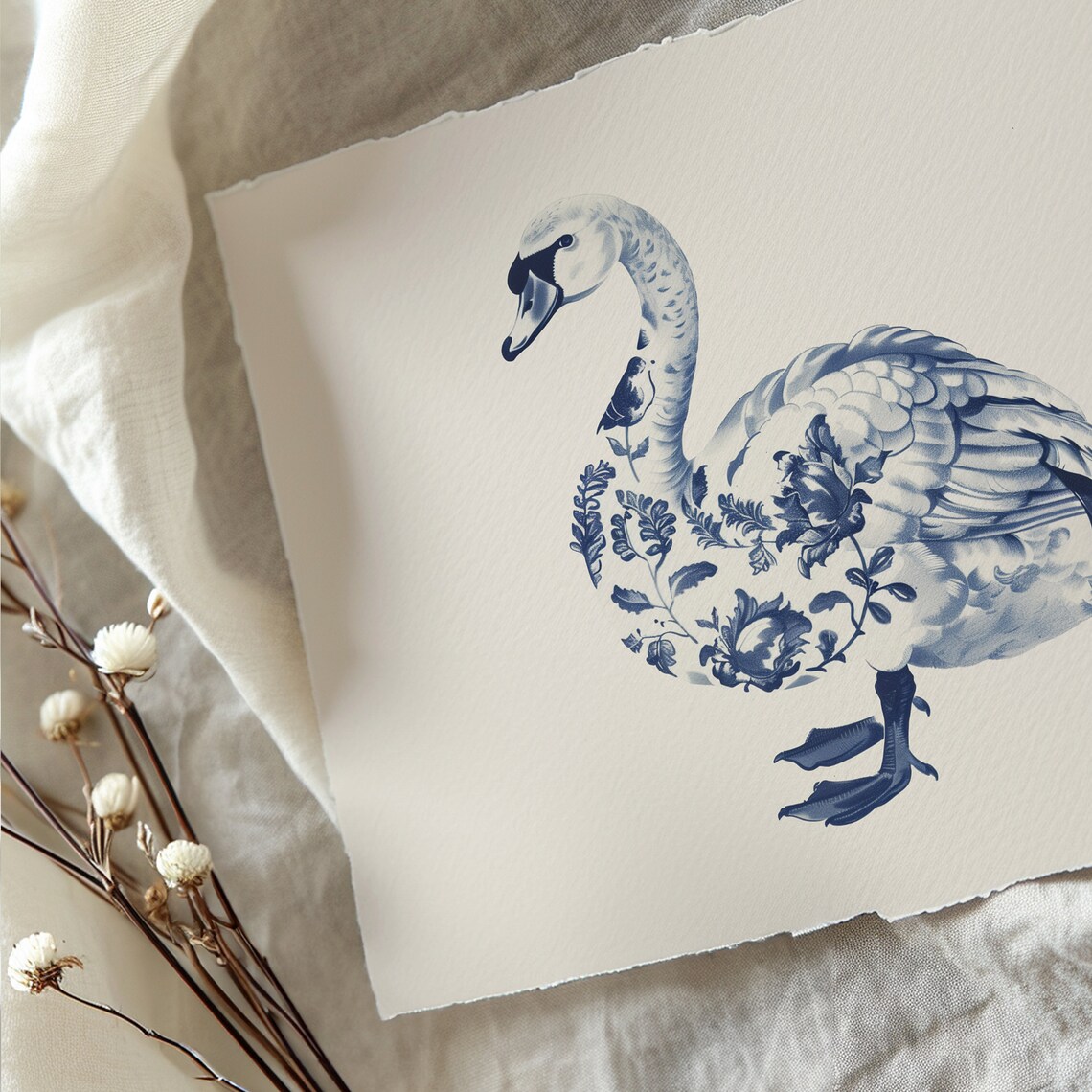 Blue White Chinoiserie Swan Delft Style Floral Garden Bird Poster - Image 4
